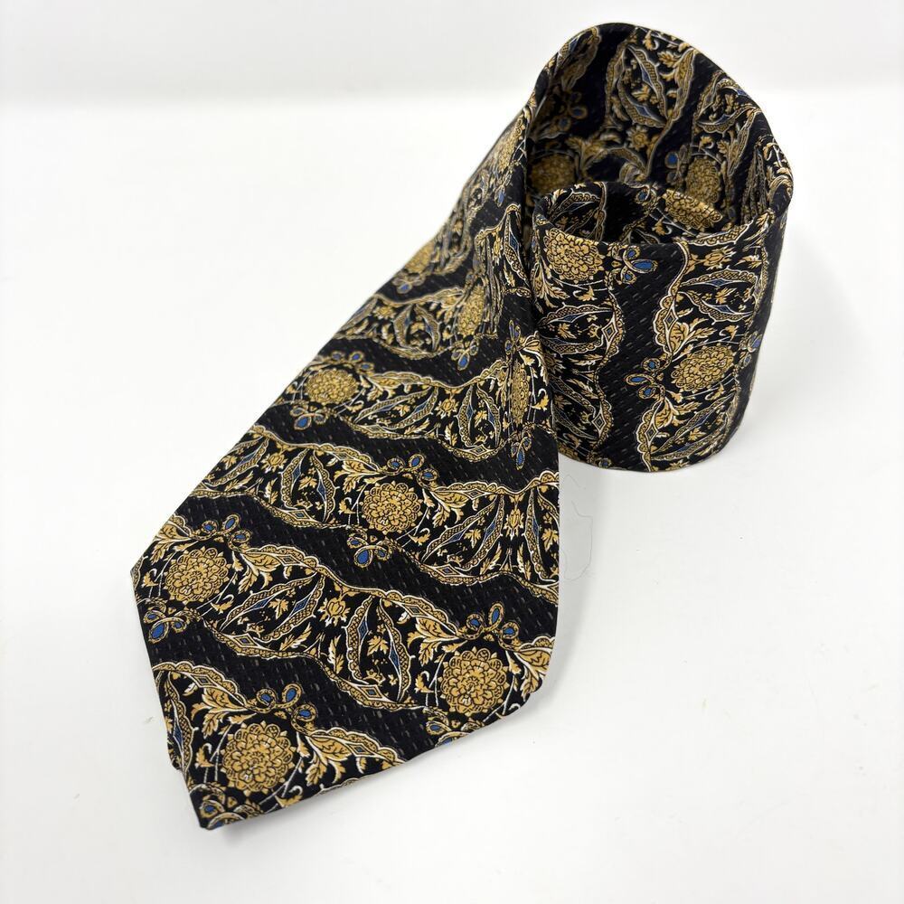 Vintage The Metropolitan Museum Of Art 1990s Silk Tie 56" x 4" Black Gold Floral - Picture 2 of 7